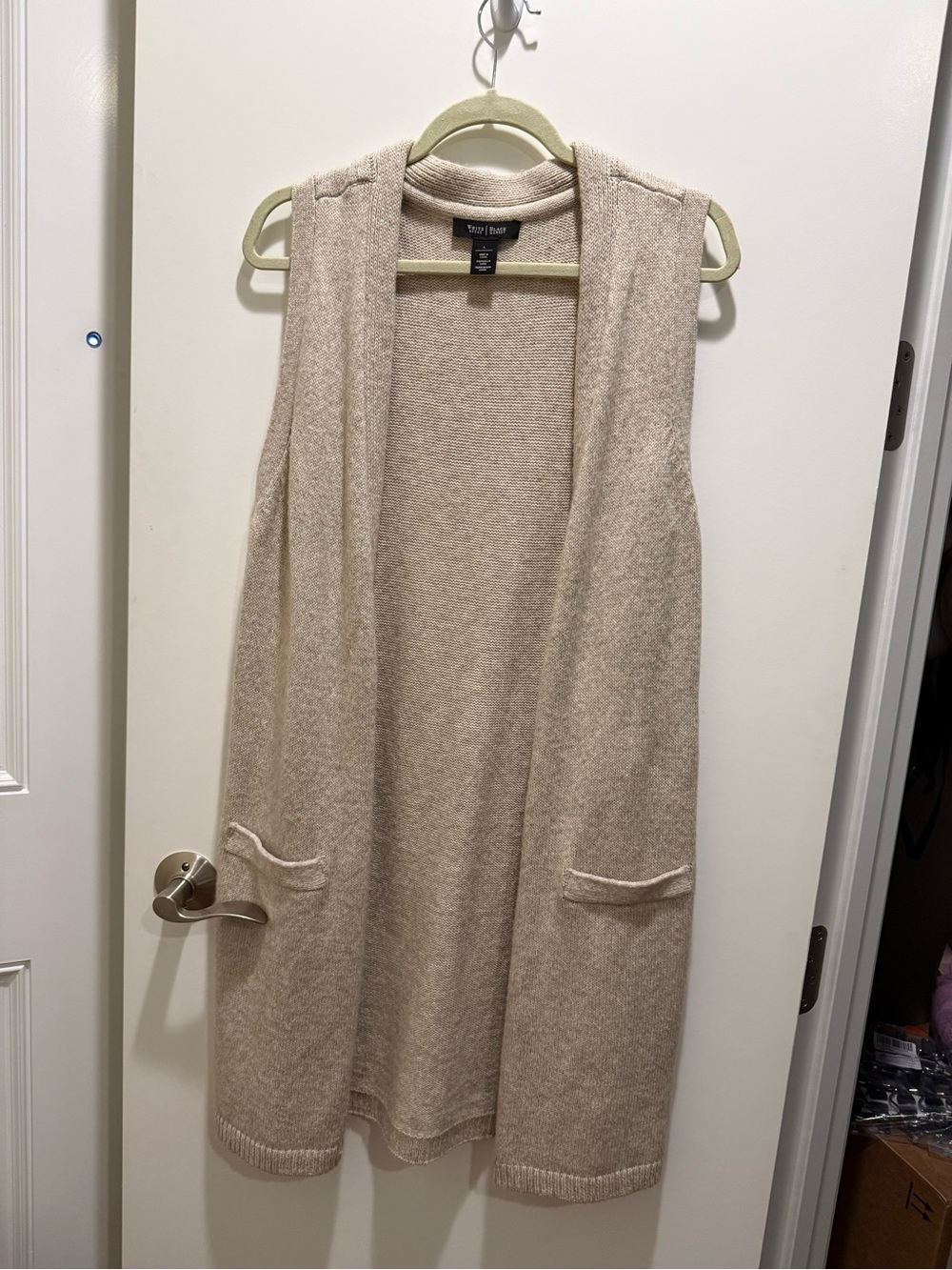 White House Black Market Sleeveless Open-Front Cardigan Vest, Light Beige Large